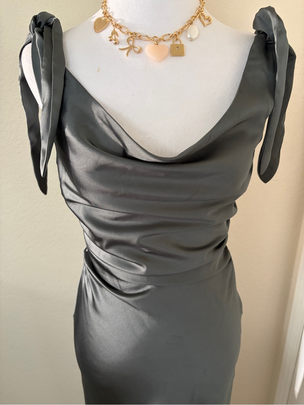 Petal & Pup Tie-Shoulder Charcoal Satin Slip Dress - Picture 3 of 8